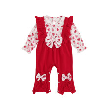 (0-3 Months, Red) Baby-Mädchen-Strampler mit Herzchenmuster und Schleifen, Rüschen und langen Ärmeln – Neugeborenen-Jumpsuit