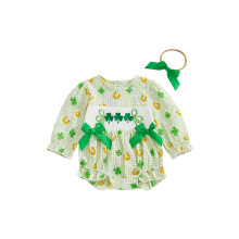 (6-12 Months, Green) 2-teiliges Frühlingsoutfit für Babys: Strampler mit Puffärmeln, Rundhalsausschnitt und Schleifen, inkl. Stirnband