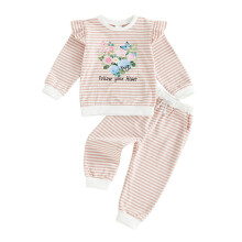 (2-3 Years, Pink) Set de 2 piese pentru fete mici, cu volane, mâneci lungi, imprimeu floral, hanorac și pantaloni dungi.