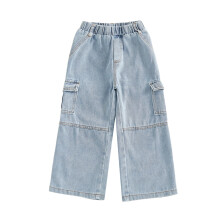 (4 Years, Blue) Little Girls Cargo Jeans Cute Solid Color Washed Denim Pants Loose Fit Trousers with Utility Pockets Cute Holiday Outfits
