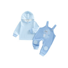 (2-3 Years, Sky Blue) Completo autunnale neonato 2 pezzi: felpa a maniche lunghe a righe e salopette con escavatore/dinosauro.