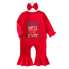 (12-18 Months, Red) Conjunto de 2 peças para bebê menina: macacão de manga longa bufante e faixa de cabelo com laço.