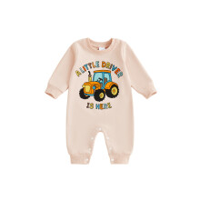 (12-18 Months, Beige) Tutina per neonato a maniche lunghe con scollo rotondo e stampa/ricamo di trattori, pigiama senza piedini per neonati