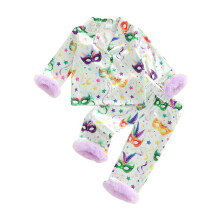 (2-3 Years, Lavender) Conjunto de pijama de satén para niñas, cara de mascarada, ribete de plumas, manga larga, top y pantalones.