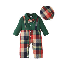 (6-9 Months, Forest Green) Completo neonato 2 pezzi: tutina a maniche lunghe con colletto, fantasia a quadri e papillon, e berretto.