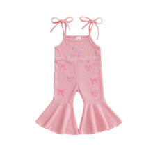 (3-4 Years, Pink B) Macacão infantil feminino sem mangas com amarração na cintura e bordado de corações, ideal para festas e ocasiões.
