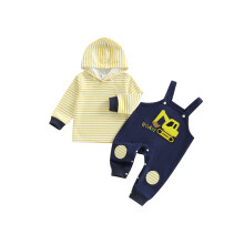 (12-18 Months, Yellow) Completo autunnale neonato 2 pezzi: felpa a maniche lunghe a righe e salopette con escavatore/dinosauro.