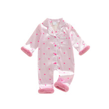 (6-12 Months, Pink) Macacão infantil de primavera com mangas compridas, gola lapela, estampa de corações e punhos de pele sintética.