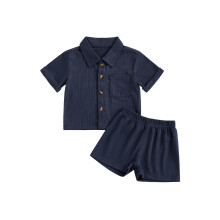 (18-24 Months, Blue) Babyjongens tweedelige zomeroutfit: topje met korte mouwen en omgeslagen kraag, effen kleur en setje.