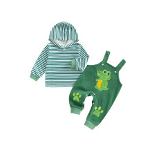 (12-18 Months, Green) Completo autunnale neonato 2 pezzi: felpa a maniche lunghe a righe e salopette con escavatore/dinosauro.