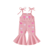 (2-3 Years, Pink A) Macacão infantil feminino sem mangas com amarração na cintura e bordado de corações, ideal para festas e ocasiões.