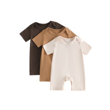 (3-6 Months, Apricot Khaki Coffee) Macacão infantil de verão, moderno, de cor sólida, manga curta e gola redonda.