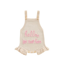 (0-3 Months, Khaki) Baby Girls Spring Summer Knit Jumpsuit Sleeveless Ruffle Trim Letter Embroidery Romper