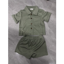 (12-18 Months, Green) Babyjongens tweedelige zomeroutfit: topje met korte mouwen en omgeslagen kraag, effen kleur en setje.