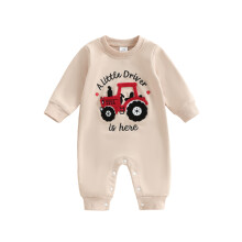 (6-12 Months, Red) Tutina per neonato a maniche lunghe con scollo rotondo e stampa/ricamo di trattori, pigiama senza piedini per neonati