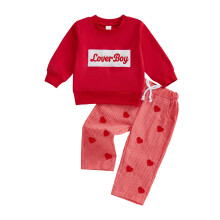 (2-3 Years, Red) Valentijnoutfit voor peutertjes: modieuze trui met lange mouwen en geborduurde letters + geruite broek (2-delige set).