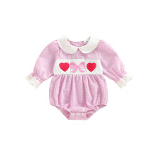 (6-12 Months, Pink) Baby-Mädchen-Valentinstags-Strampler mit Karomuster, süßer Herz-Schleifenstickerei und langen Puffärmeln