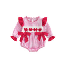 (9-12 Months, Pink) Body infantil menina xadrez, laço e coração bordado, manga longa, gola redonda, ideal para o Dia dos Namorados.