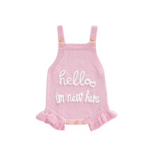 (Newborn, Pink) Baby Girls Spring Summer Knit Jumpsuit Sleeveless Ruffle Trim Letter Embroidery Romper