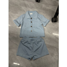 (2-3 Years, Sky Blue) Babyjongens tweedelige zomeroutfit: topje met korte mouwen en omgeslagen kraag, effen kleur en setje.