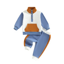 (6-12 Months, Blue) Completo neonati e bambini, maglione a maniche lunghe con colletto alto e pantaloni, 2 pezzi a contrasto.