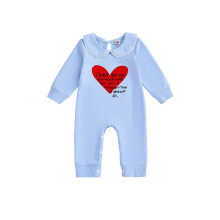 (0-3 Months, Blue) Macacão infantil para o Dia dos Namorados com bordado de coração e letras, mangas compridas e gola boneca.