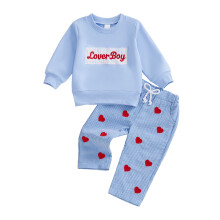 (3-4 Years, Blue) Valentijnoutfit voor peutertjes: modieuze trui met lange mouwen en geborduurde letters + geruite broek (2-delige set).