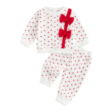 (18-24 Months, White) Valentinstags-Outfit für Babys: Langarm-Sweatshirt mit Schleife vorne + Hose mit Taschen (Kleinkindkleidung)