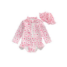 (18-24 Months, Pink) Kleinkind-Badeanzug-Set für Mädchen, Erdbeer-/Blumenmuster, langärmlig mit Reißverschluss, 2-teilig