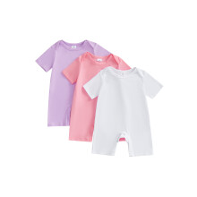 (0-3 Months, White Pink Purple) Macacão infantil de verão, moderno, de cor sólida, manga curta e gola redonda.