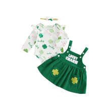 (6-12 Months, Green) Frühlingsoutfit für Babys: Langarm-Strampler mit Kleeblattmuster, bestickter Rock und Stirnband