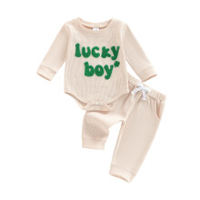(9-12 Months, Beige) Completo 2 pezzi neonato maschio: tutina maniche lunghe e pantaloni jogging elastici con ricamo.