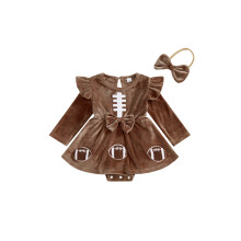 (12-18 Months, Brown) Conjunto recém-nascida: vestido macacão rugby, gola redonda, manga longa, bordado e faixa com laço.