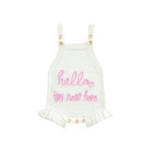 (Newborn, White) Baby Girls Spring Summer Knit Jumpsuit Sleeveless Ruffle Trim Letter Embroidery Romper