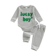 (12-18 Months, Gray) Completo 2 pezzi neonato maschio: tutina maniche lunghe e pantaloni jogging elastici con ricamo.