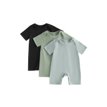 (12-18 Months, Black Green Light-Green) Macacão infantil de verão, moderno, de cor sólida, manga curta e gola redonda.