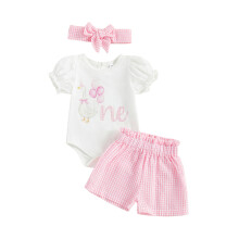 (12-18 Months, Pink Duck) Conjunto de aniversário para bebê menina: body curto, shorts xadrez e faixa de cabelo.