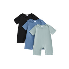 (0-3 Months, Black Blue Green) Macacão infantil de verão, moderno, de cor sólida, manga curta e gola redonda.