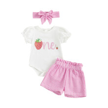 (12-18 Months, Pink Strawberry) Conjunto de aniversário para bebê menina: body curto, shorts xadrez e faixa de cabelo.