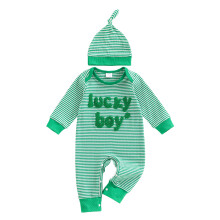 (Newborn, Green) Tutina a righe per neonato, con ricami di lettere alla moda, maniche lunghe e cappellino.