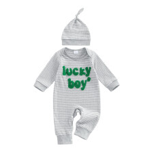(6-12 Months, Gray) Tutina a righe per neonato, con ricami di lettere alla moda, maniche lunghe e cappellino.
