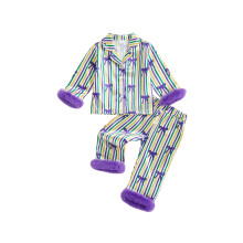 (7-8 Years, Multicolor) Conjunto de pijama de satén para niñas, cara de mascarada, ribete de plumas, manga larga, top y pantalones.