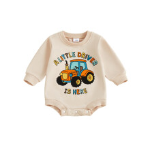(12-18 Months, Beige) Tutina per neonato maschio, alla moda, con stampa di lettere e trattore, girocollo e maniche lunghe.