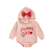 (12-18 Months, Pink) Macacão infantil com capuz, laço e estampa de letras e corações, manga longa, estilo casual para primavera e outono.