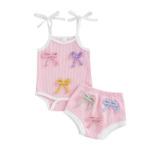 (3-6 Months, Pink) Letné oblečenie pre dievčatká, bez rukávov, zaväzovanie a šortky s mašľou, súprava oblečenia pre dojčatá
