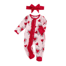 (3-6 Months, Pink) Overal pre novorodenca Valentín srdce a cukríky, dlhé rukávy, zips, okrúhly výstrih a čiapka
