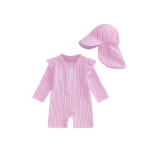 (6-12 Months, Pink) Strój kąpielowy dla małych dziewczynek z czapeczką, 2 sztuki, długi rękaw, paski, falbanki, zamek