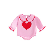 (0-3 Months, Pink) Valentínske dievčenské overaly s dlhým rukávom a golierom pre bábiky, pohodlné s aplikáciou srdca