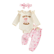 (3-6 Months, Pink) Set de 3 piese bebeluși, imprimeu western, guler rotund, mânecă lungă, salopetă, pantaloni și bandă.