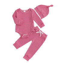 (6-9 Months, Red) Completo autunnale per neonati: tutina a righe con scollo rotondo, maniche lunghe, pantaloni e cappellino, set 3 pezzi.